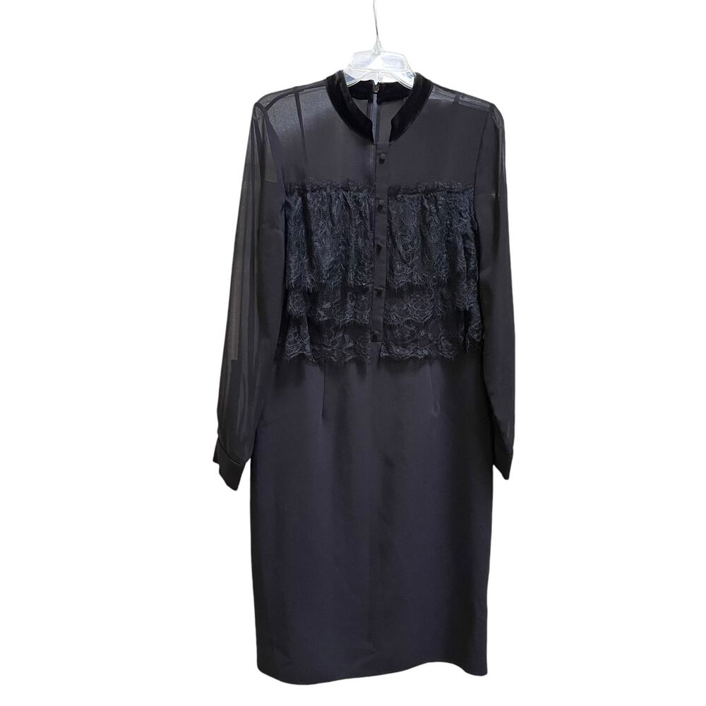 Mikael Aghal Vintage Black Sheer Lace Long Sleeve Button Front Sheath Dress 10